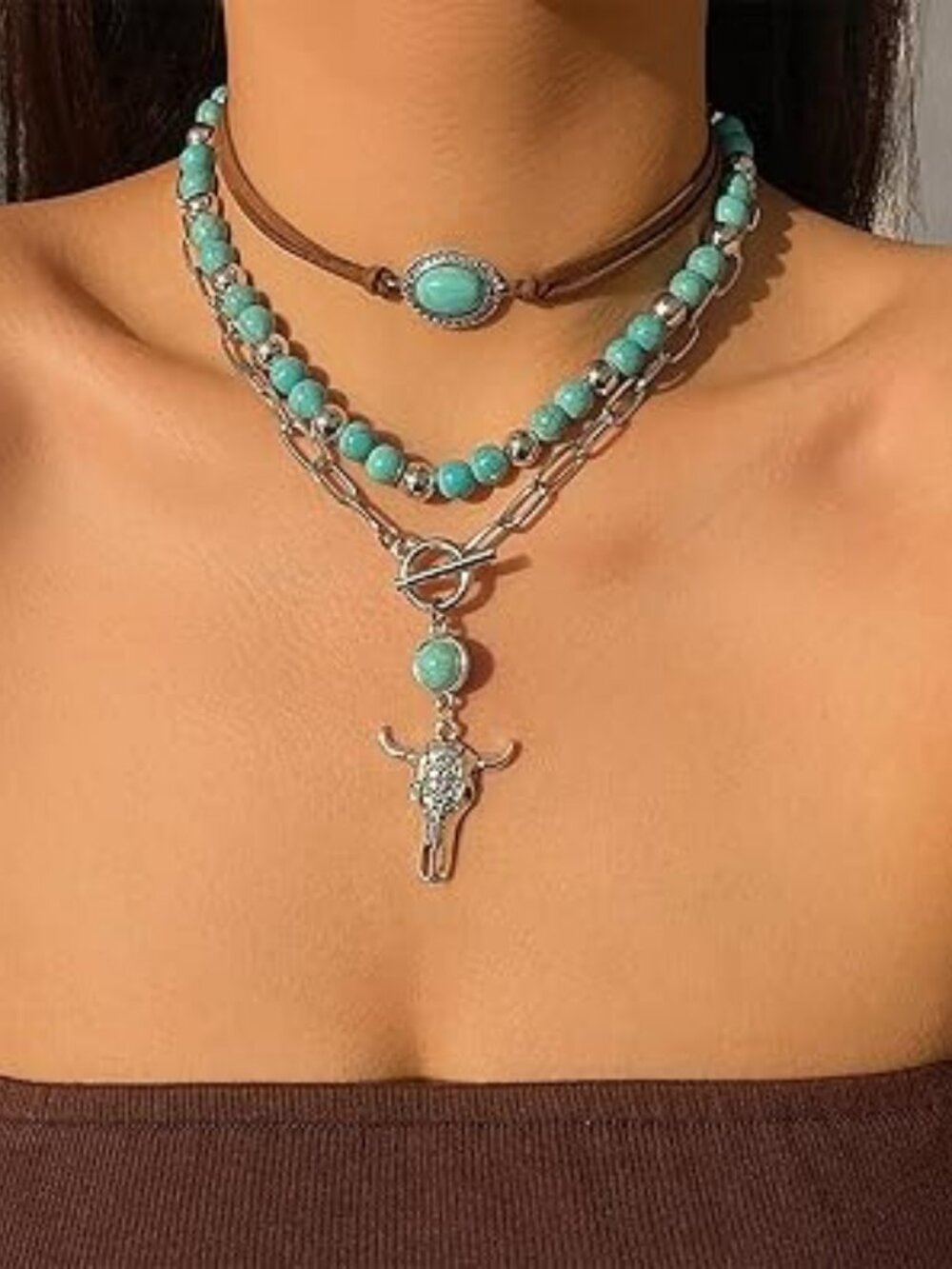 Boho Turquoise Necklace Boot Steer Jewelry Texas Western Silver Cowgirl‎